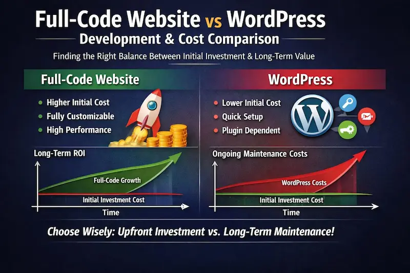 全代碼網站 vs WordPress 開發與成本結構比較圖