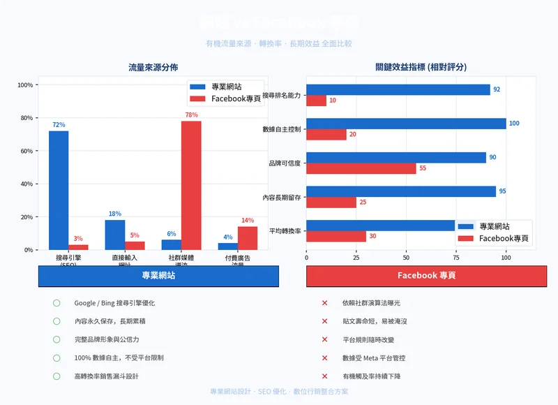 專業網站與Facebook專頁有機流量與轉換率對比圖表 網站 vs Facebook專頁流量來源比較