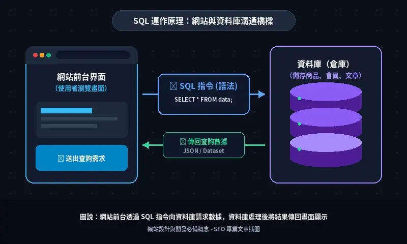 SQL 如何連接網站前台與資料庫的簡單示意圖