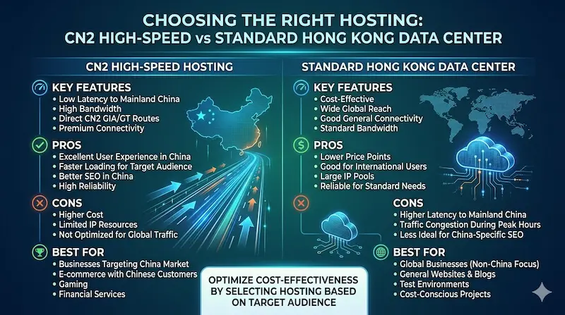 CN2高速託管 vs 一般香港機房 適用情境與優缺點比較