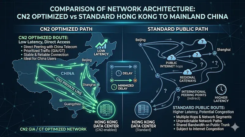 CN2高速託管香港到大陸的網絡優化架構示意